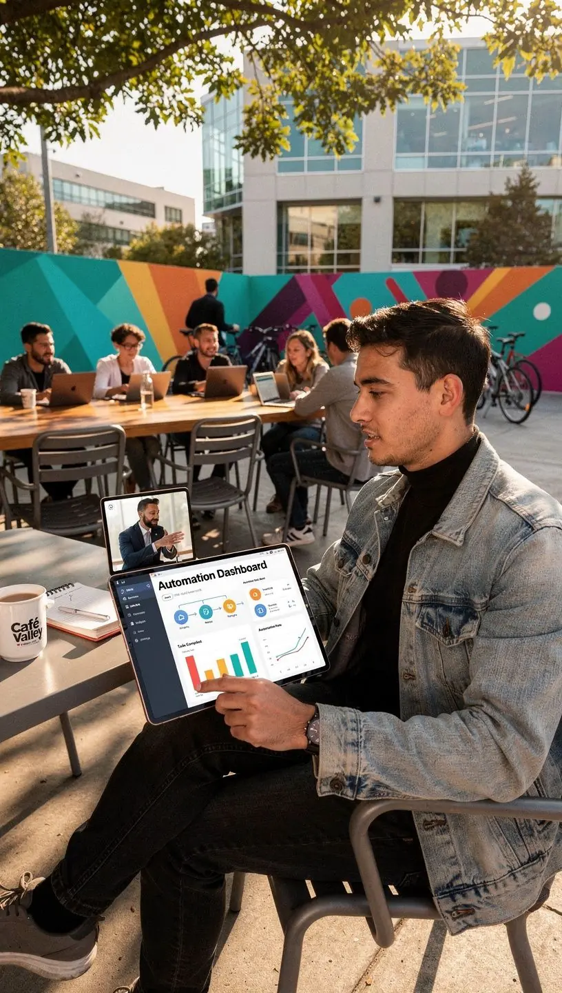 Professional analyzing smart home devices connected through an automation app on a tablet.